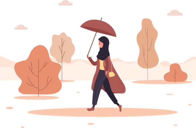 Woman walking in park with umbrella Illustration