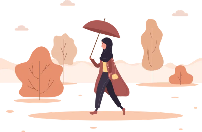 Woman walking in park with umbrella Illustration