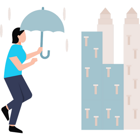 Woman walking in rain with umbrella  Illustration