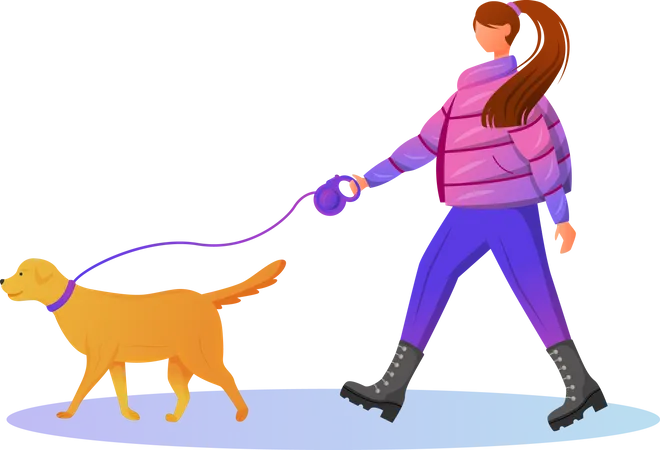 Woman walking in winter with her pet  Illustration