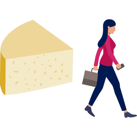 Woman  walking near cheese piece  Illustration