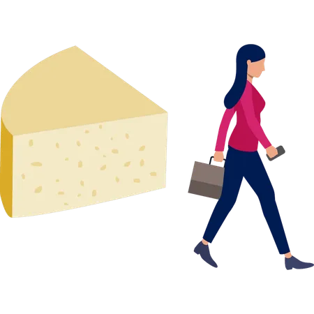 Woman  walking near cheese piece  Illustration