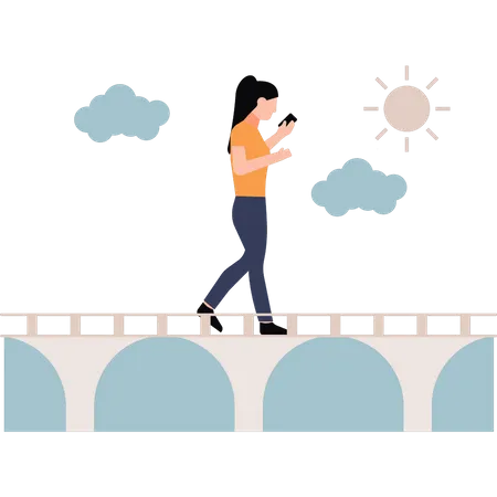 The Girl Is Walking On The Bridge Using Her Phone Illustration