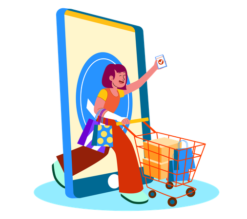 Woman Walking Out of Mobile Device with Cart  Illustration