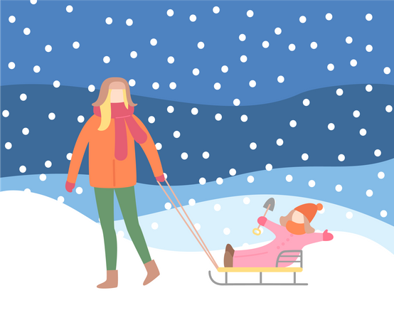 Woman Walking Outdoor on Snowing Hills Illustration