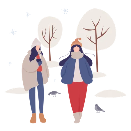 Woman walking outside during winters  Illustration