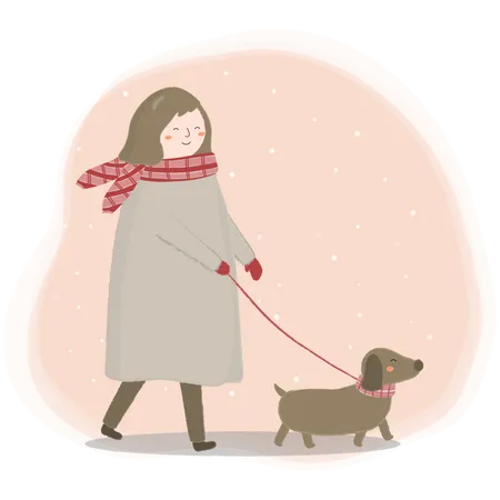 Vector Of Final Winter With A Woman Wearing A Sweater Walking The Dog Illustration