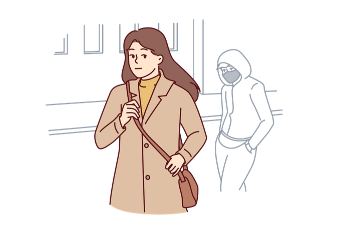 Woman walking through city at night notices stalker  일러스트레이션