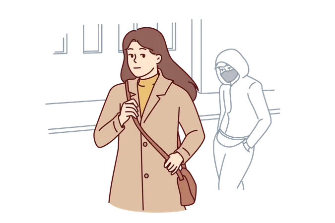 Woman walking through city at night notices stalker  Illustration
