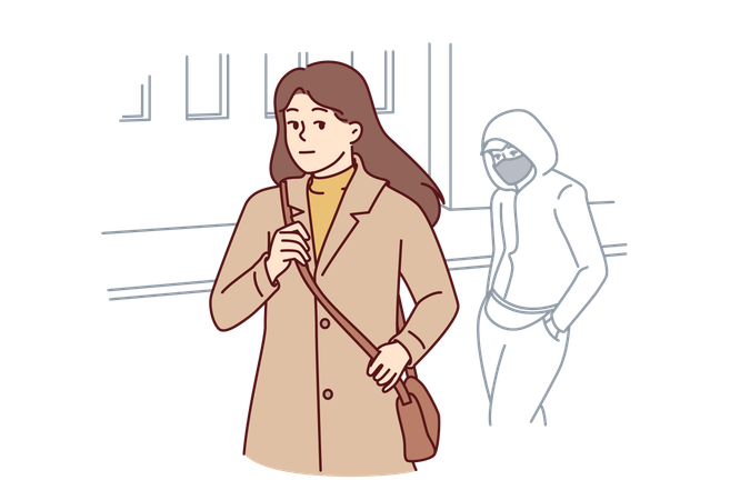 Woman walking through city at night notices stalker  Illustration