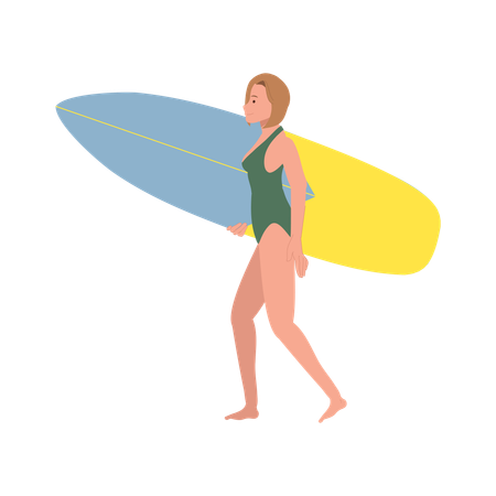 Woman Walking to the Sea with Surfboards on Beach  Illustration
