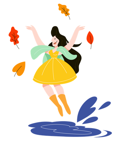 Woman walking under the rain and throwing leaves  Illustration