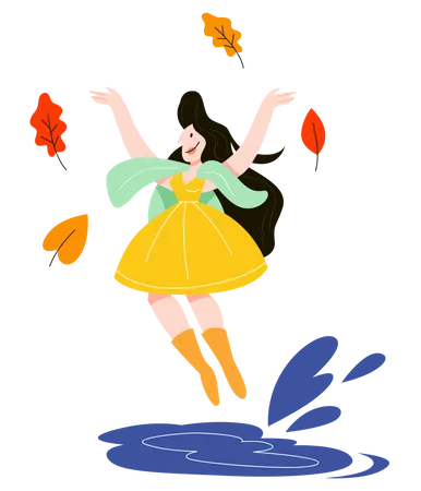 Woman Walking Under The Rain Young Person Have Fun Autumn Season Isolated Flat Vector Illustration Illustration