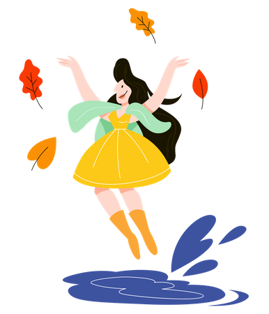 Woman walking under the rain and throwing leaves  Illustration