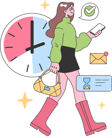 Woman walking while checking mail on mobile  Illustration