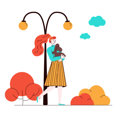 Woman walking while holding rabbit in her hand  Illustration