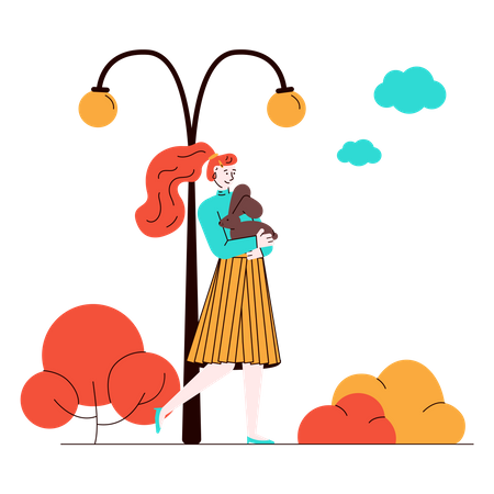 Woman walking while holding rabbit in her hand  Illustration