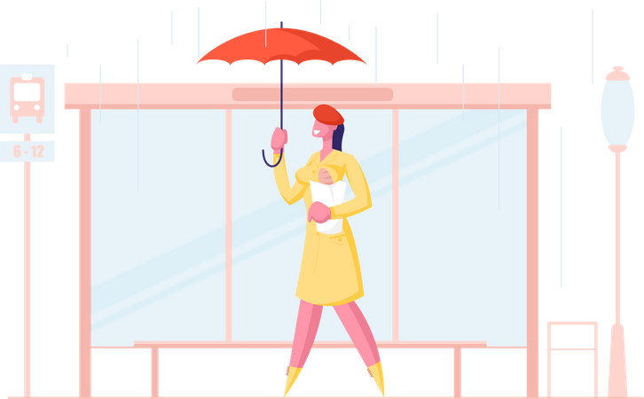 Woman walking while holding umbrella Illustration