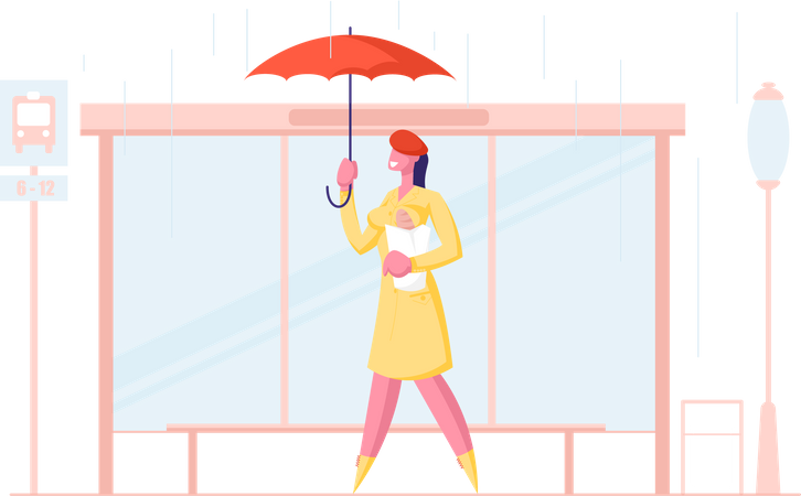 Woman walking while holding umbrella  Illustration