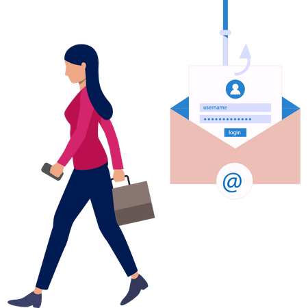 Woman walking while phishing mail  Illustration