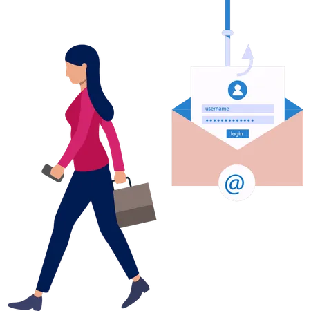 Woman walking while phishing mail  Illustration