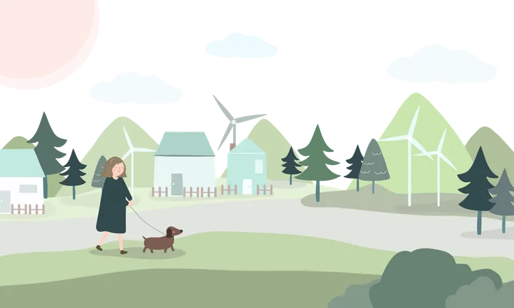 Woman walking with a dog  Illustration