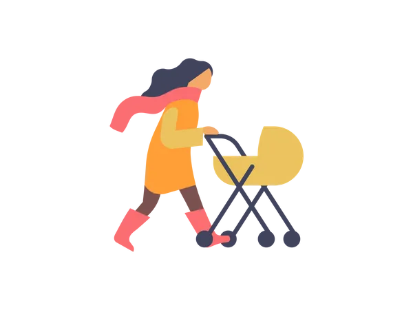 Woman walking with baby stroller Illustration
