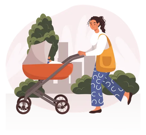 Woman walking with baby stroller  일러스트레이션