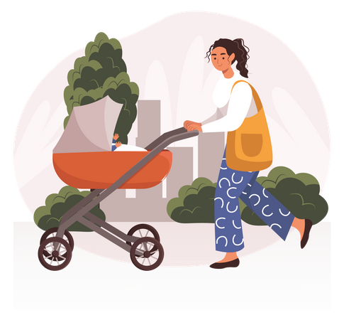 Woman walking with baby stroller  Illustration