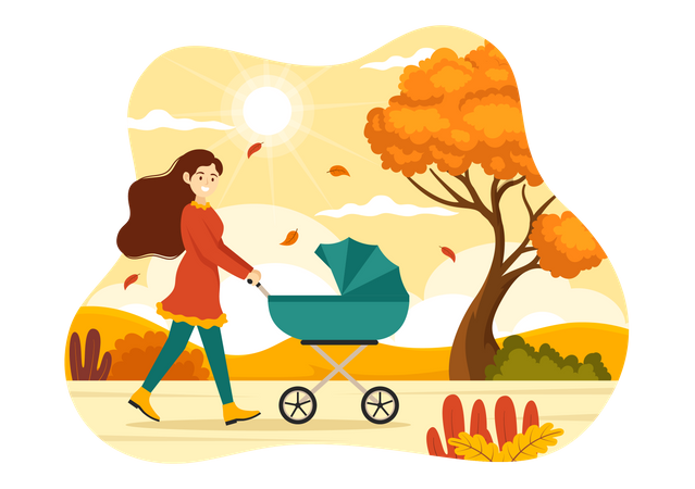 Woman walking with baby stroller in Autumn park  Illustration