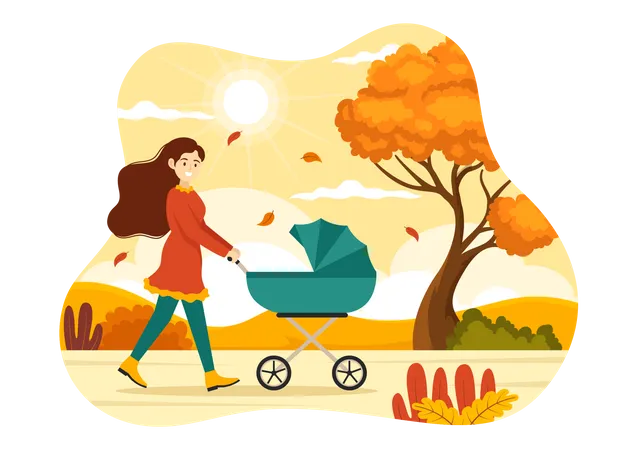 Woman walking with baby stroller in Autumn park  Illustration