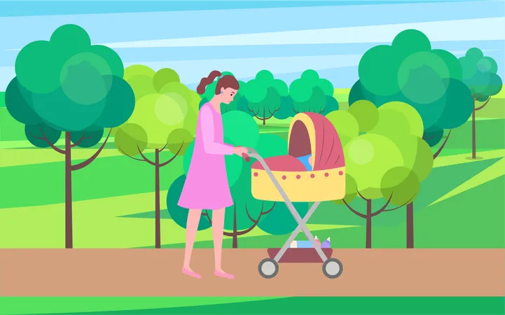 Mother And Kid Vector Woman Walking With Perambulator And Child Sleeping In Pram City Park With Buildings And Green Trees Childhood And Motherhood Vector Illustration