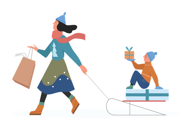 Woman walking with christmas gifts  Illustration