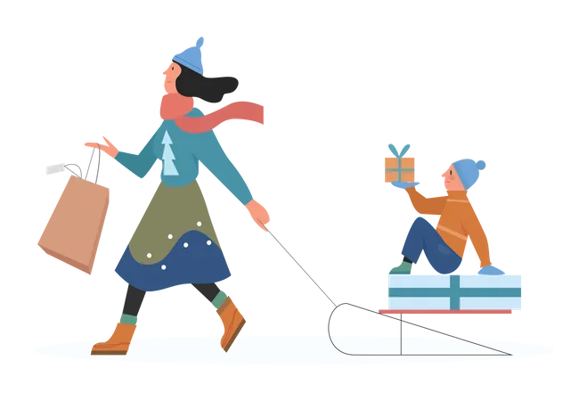 Woman walking with christmas gifts  Illustration