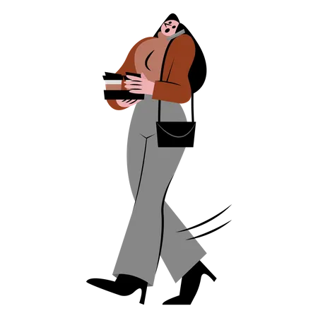 Woman Walking With Coffee Vector Illustration In Flat Color Design Illustration