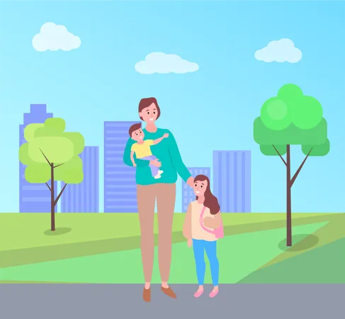 Family Time Vector Mother With Kids Walking In Park Of City Skyscrapers And Street Greenery Of Trees Clouds At Sky Motherhood And Childhood Town Illustration