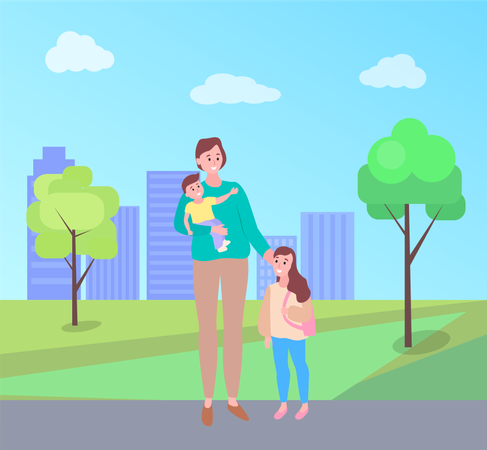 Woman walking with daughter carrying baby in park  Illustration