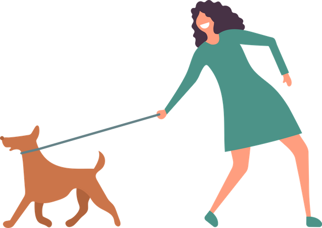 Woman Walking With Dog  Illustration