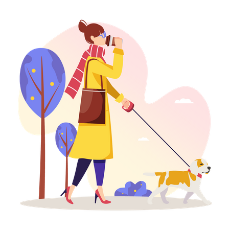 Woman walking with dog and drinking coffee Illustration