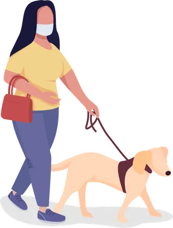 Walking Dog During Pandemic Semi Flat Color Vector Character Full Body Person On White Pet Owner Wearing Face Mask Isolated Modern Cartoon Style Illustration For Graphic Design And Animation Illustration