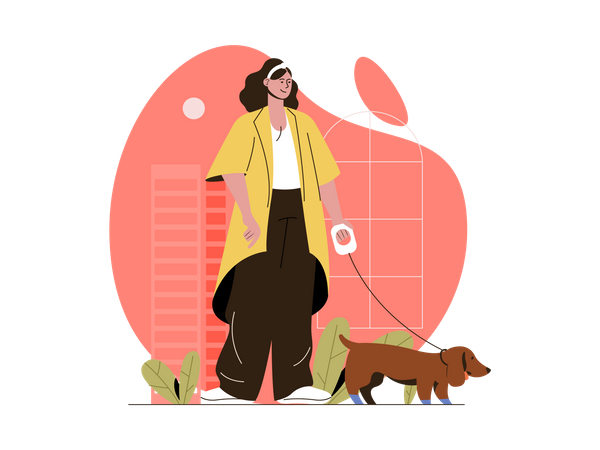 Woman walking with dog  Illustration