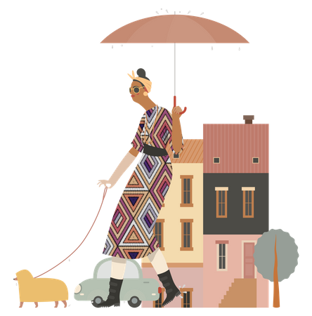 Woman walking with dog  Illustration