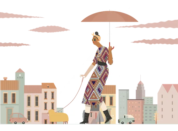 Woman walking with dog  Illustration