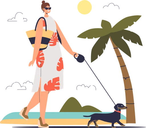 Woman walking with dog  Illustration