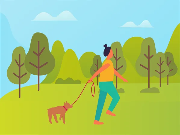 Woman Walking With Dog In City Park Vector Cartoon Lady Side View With Puppy On Leash Green Trees And Bushes Blue Sky Spring Concept Illustration Illustration