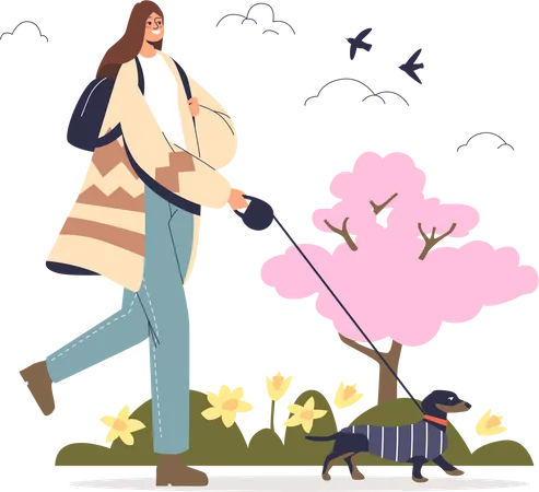 Woman walking with dog in park Illustration