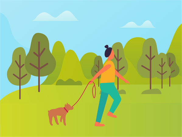 Woman walking with dog in park  Illustration