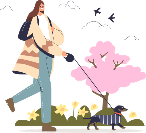 Woman walking with dog in park  Illustration