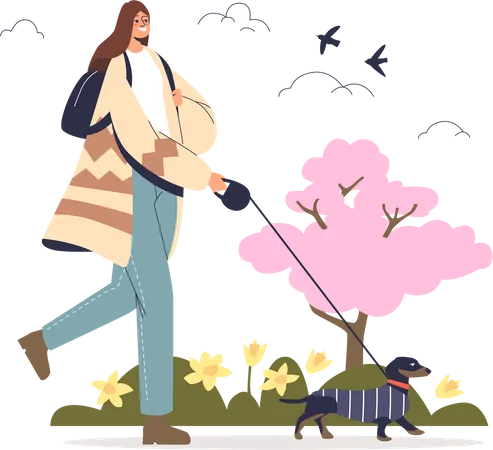 Woman walking with dog in park  Illustration