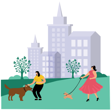 Woman walking with dog in the park  Illustration